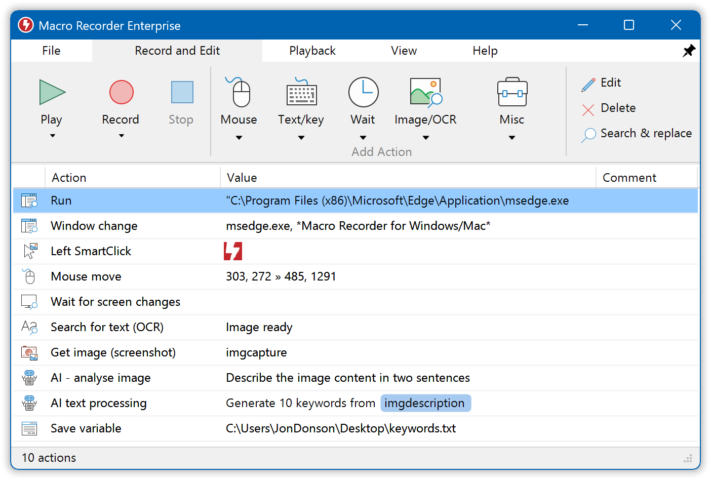 Main program window with the editable list of recorded actions